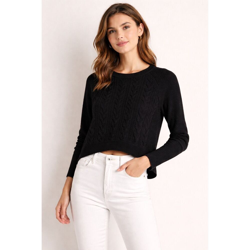 Anthropologie Black Wool Cropped Sweater Small Cable Knit